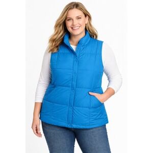 Lands End Puffer Vest Womens 2X Blue Goose Down Quilted Snap Front Outerwear
